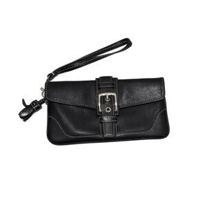Coach Hamptons Skinny Wristlet Black Leather Buckle Pouch Y2K Tassel